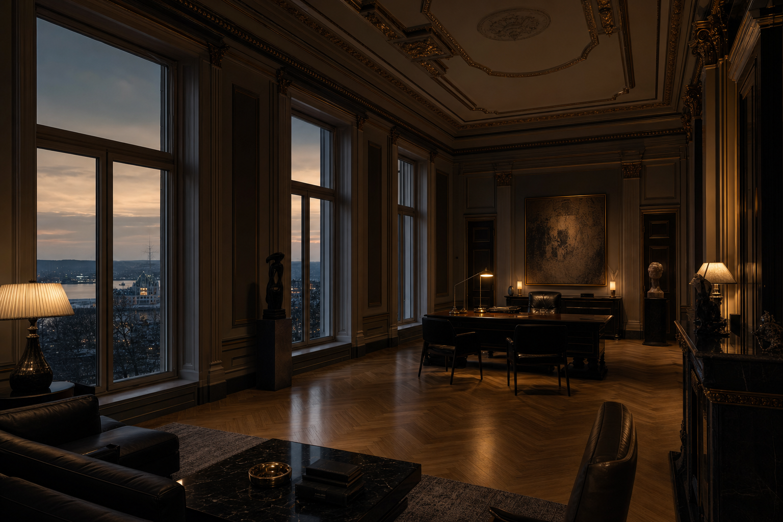 Interior of Valhalla Capital's offices at Victoria Terrasse, Oslo, at dusk